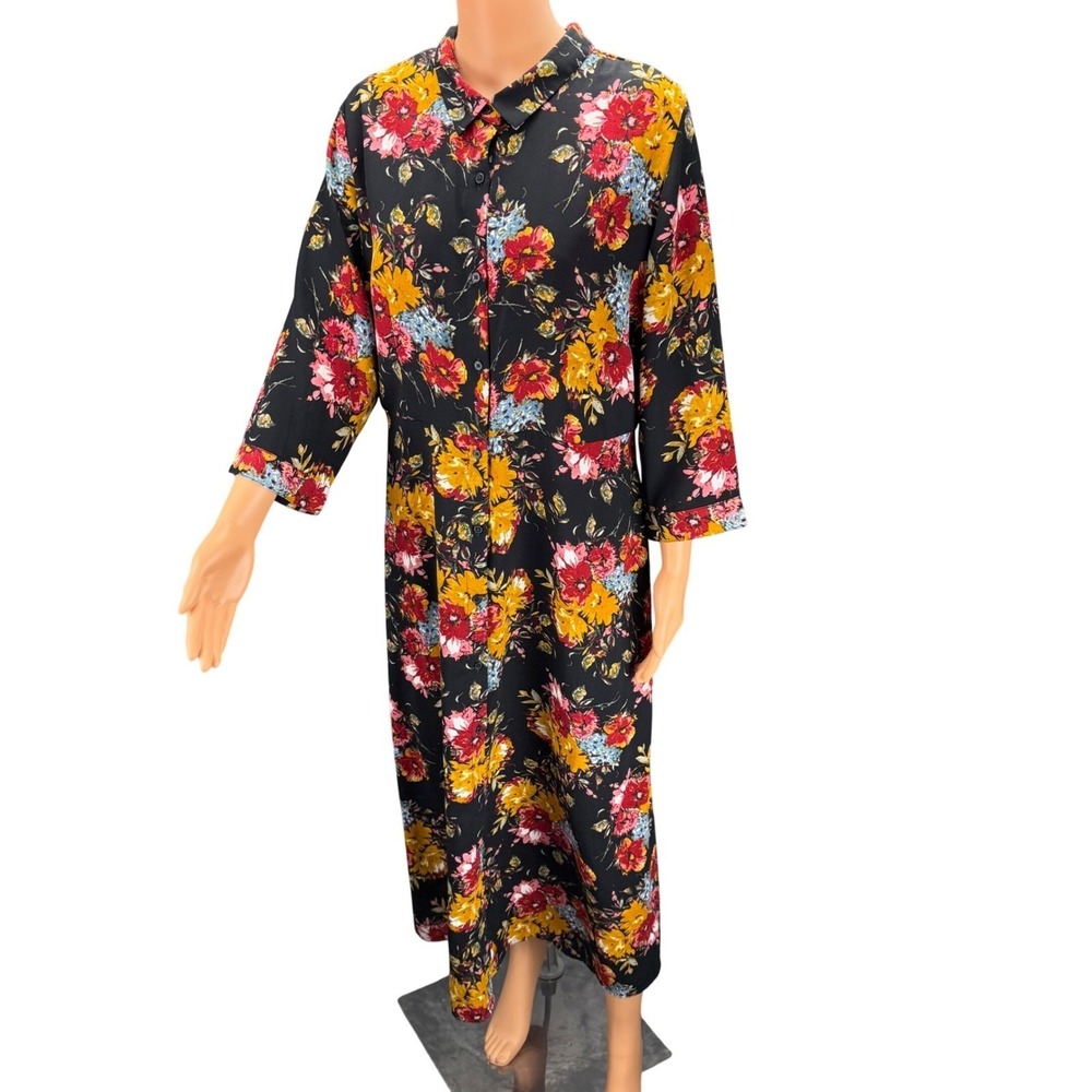 Time and Tru Women Black Soot Floral Button Front Midi Shirt Dress M 8-10 Office